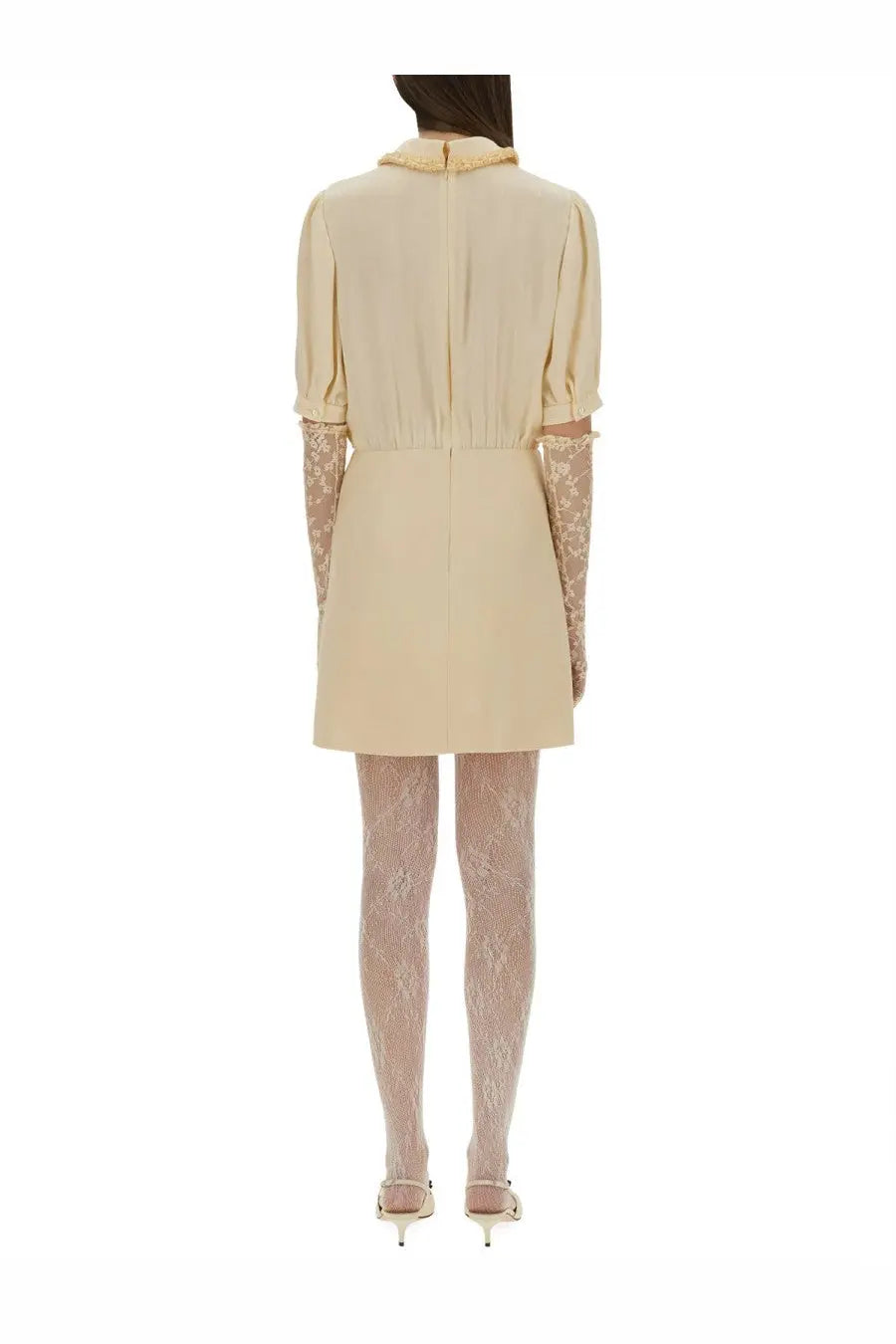 Valentino women’s white crepe couture short dress with collar and beige lace detailing on short sleeves