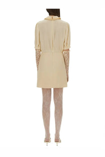 Valentino women’s white crepe couture short dress with collar and beige lace detailing on short sleeves