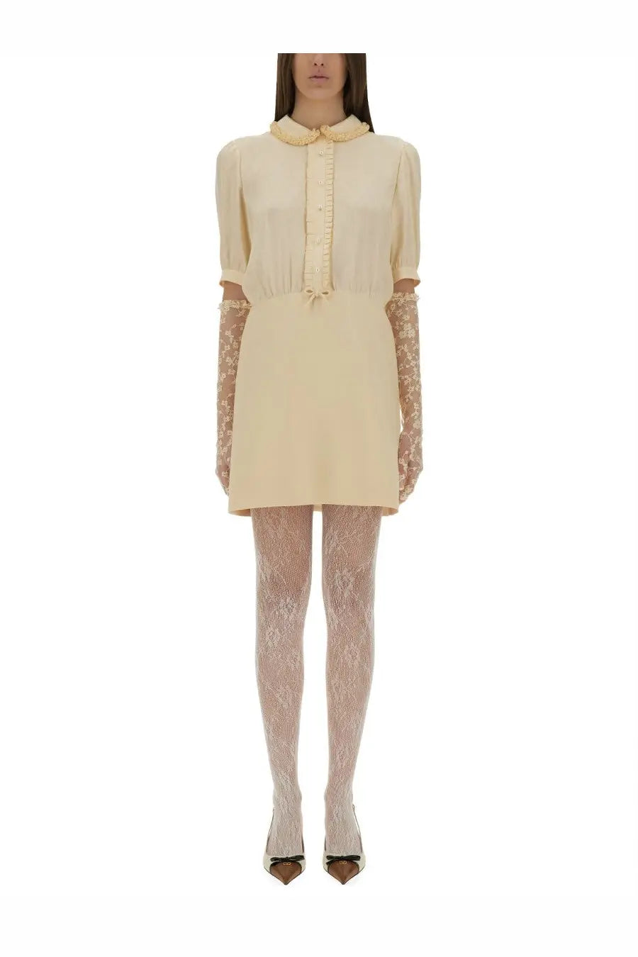 Valentino women’s white crepe couture short dress with cream satin peter pan collar short sleeves and lace gloves