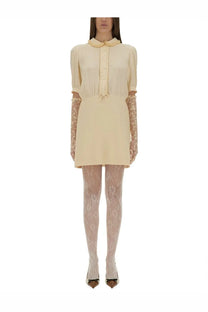 Valentino women’s white crepe couture short dress with cream satin peter pan collar short sleeves and lace gloves
