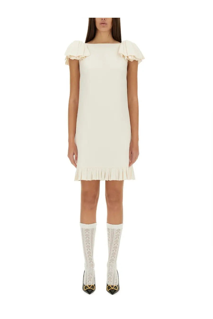 Valentino women’s crepe couture short dress in creamy off-white with sleeveless a-line silhouette and ruffled shoulders