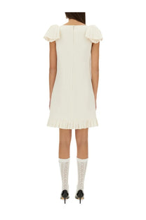 Valentino women’s white crepe couture short dress with creamy sleeveless a-line design puffed sleeves and fringed hem