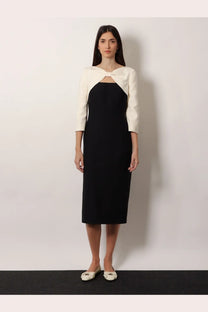 Valentino women’s black and cream colorblock crêpe midi dress with three-quarter sleeves for elegant wear