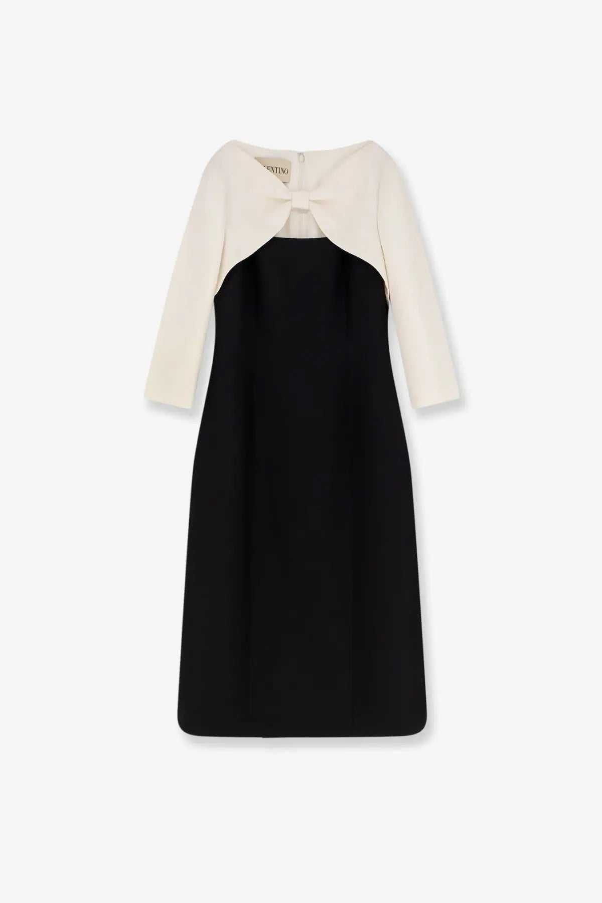 Valentino womens crêpe midi dress in black and cream with two-tone design, structured bodice, three-quarter sleeves, and bow detail
