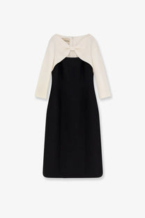 Valentino womens crêpe midi dress in black and cream with two-tone design, structured bodice, three-quarter sleeves, and bow detail