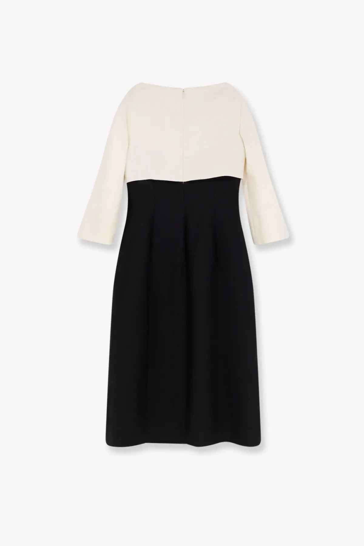 Valentino women’s crêpe midi dress in black and cream with fitted waist three-quarter sleeves and flared skirt