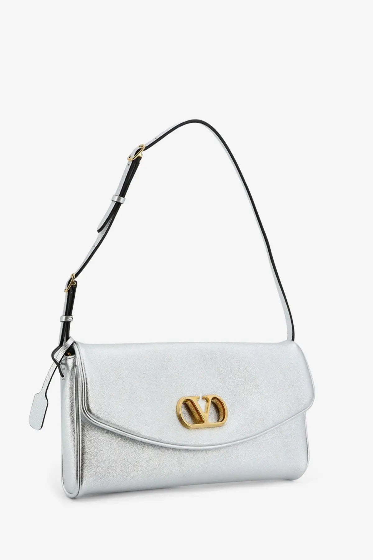 Valentino women’s devain laminated leather shoulder bag in silver with gold-tone logo clasp and black strap