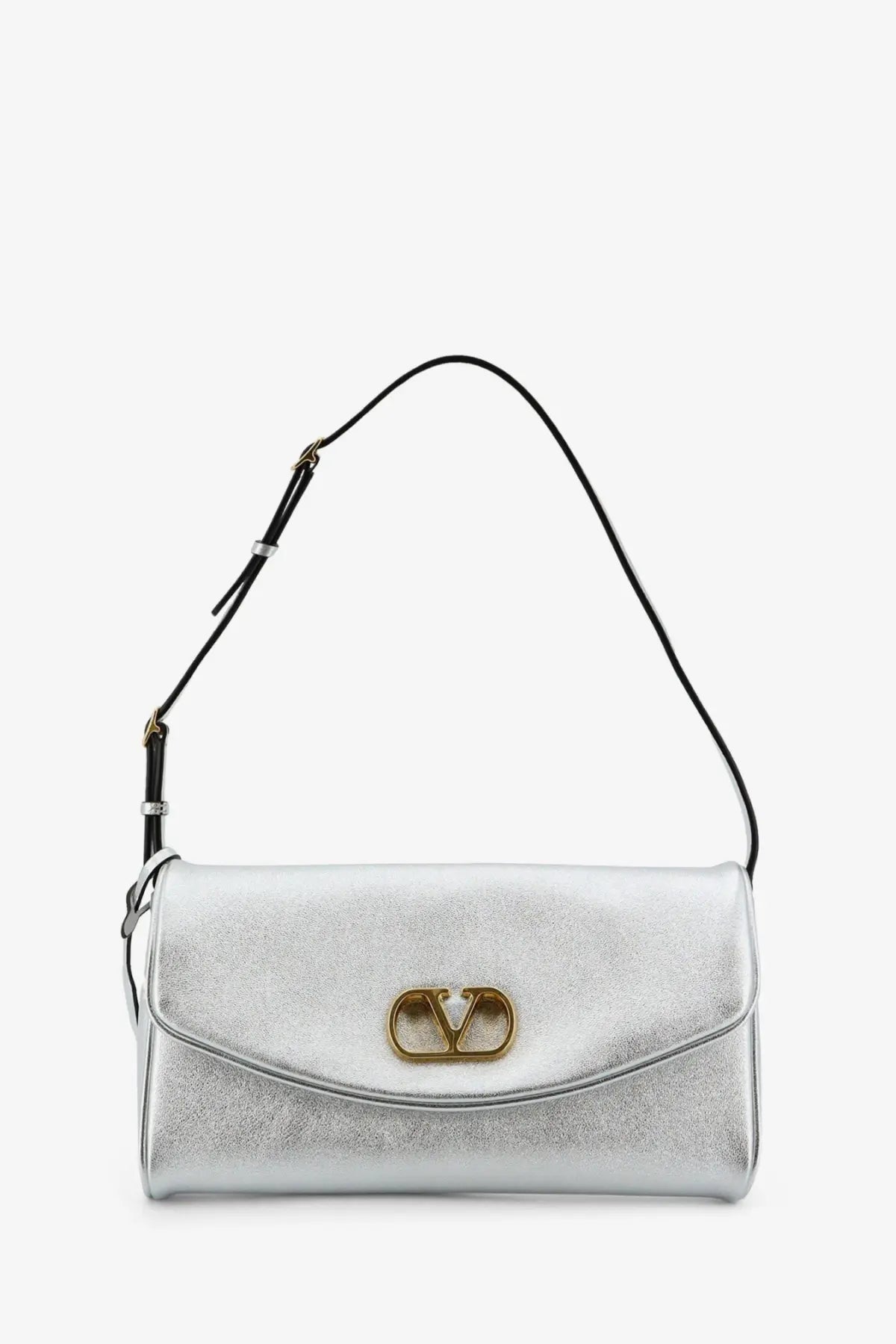 Valentino women’s devain silver metallic leather shoulder bag with gold-tone vlogo clasp and black strap