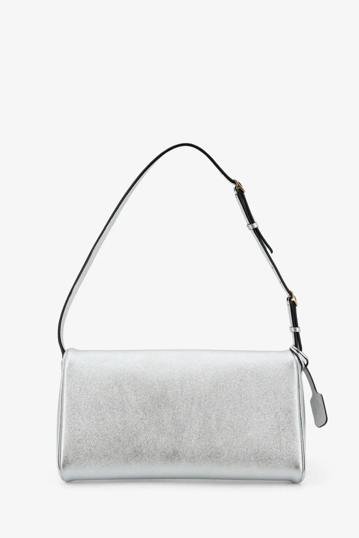 Valentino women’s Devain laminated leather shoulder bag in silver with black strap and silver hardware