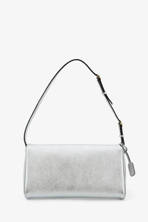 Valentino women’s Devain laminated leather shoulder bag in silver with black strap and silver hardware