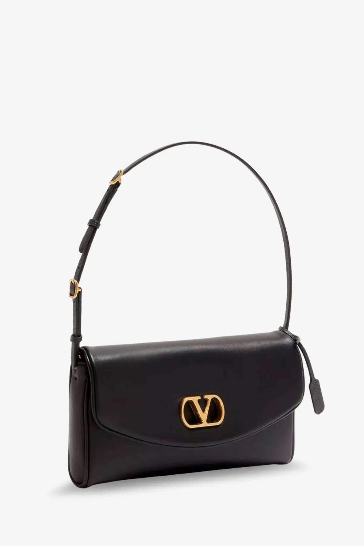 Black leather Valentino women’s Devain shoulder bag with gold-tone logo clasp and adjustable shoulder strap