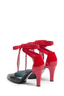 Valentino women’s Écolleté Foliefoliage black red patent leather and velvet high-heeled shoes with crystal straps