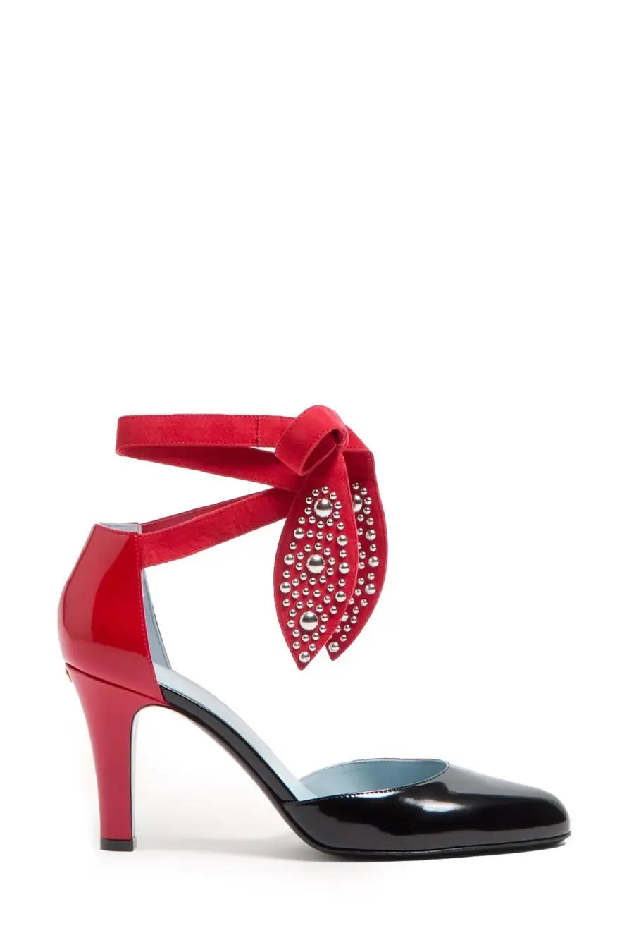 Valentino women’s écolleté foliefoliage black red and black patent leather ankle strap pump with red suede bow and silver studs