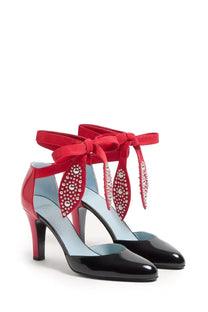 Valentino women’s écolleté foliefoliage black red and black patent leather high heels with satin ribbon bows and silver studs