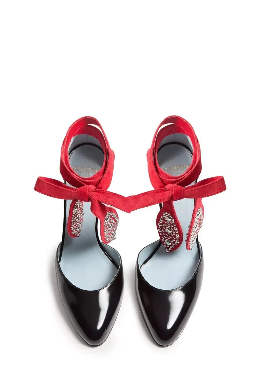 Valentino women’s écolleté foliefoliage black patent leather heels with red velvet ribbon bows on the back side