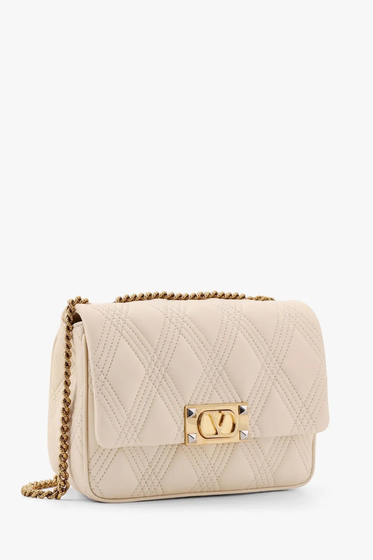 Cream-colored quilted leather crossbody bag with gold-tone chain strap and signature logo clasp by Valentino