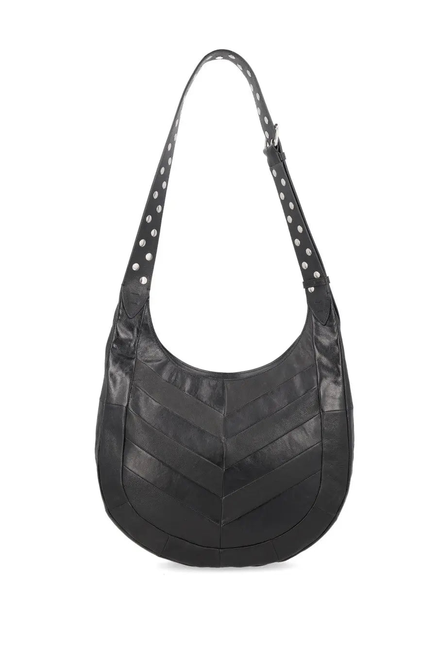 Valentino women’s black leather hobo bag with chevron-stitched pattern and silver studs on shoulder strap