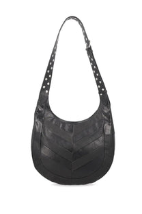 Valentino women’s black leather hobo bag with chevron-stitched pattern and silver studs on shoulder strap