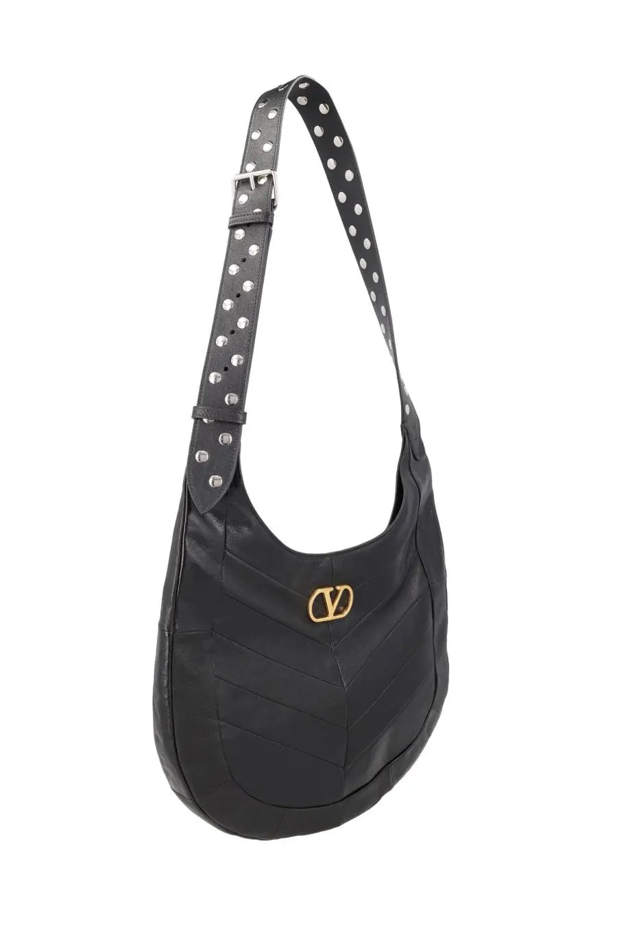 Valentino women’s hobo bag black leather shoulder bag with silver-tone studs and gold-toned logo plaque