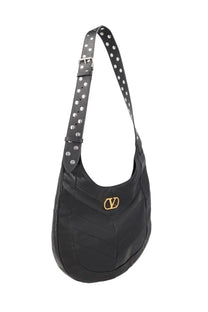 Valentino women’s hobo bag black leather shoulder bag with silver-tone studs and gold-toned logo plaque