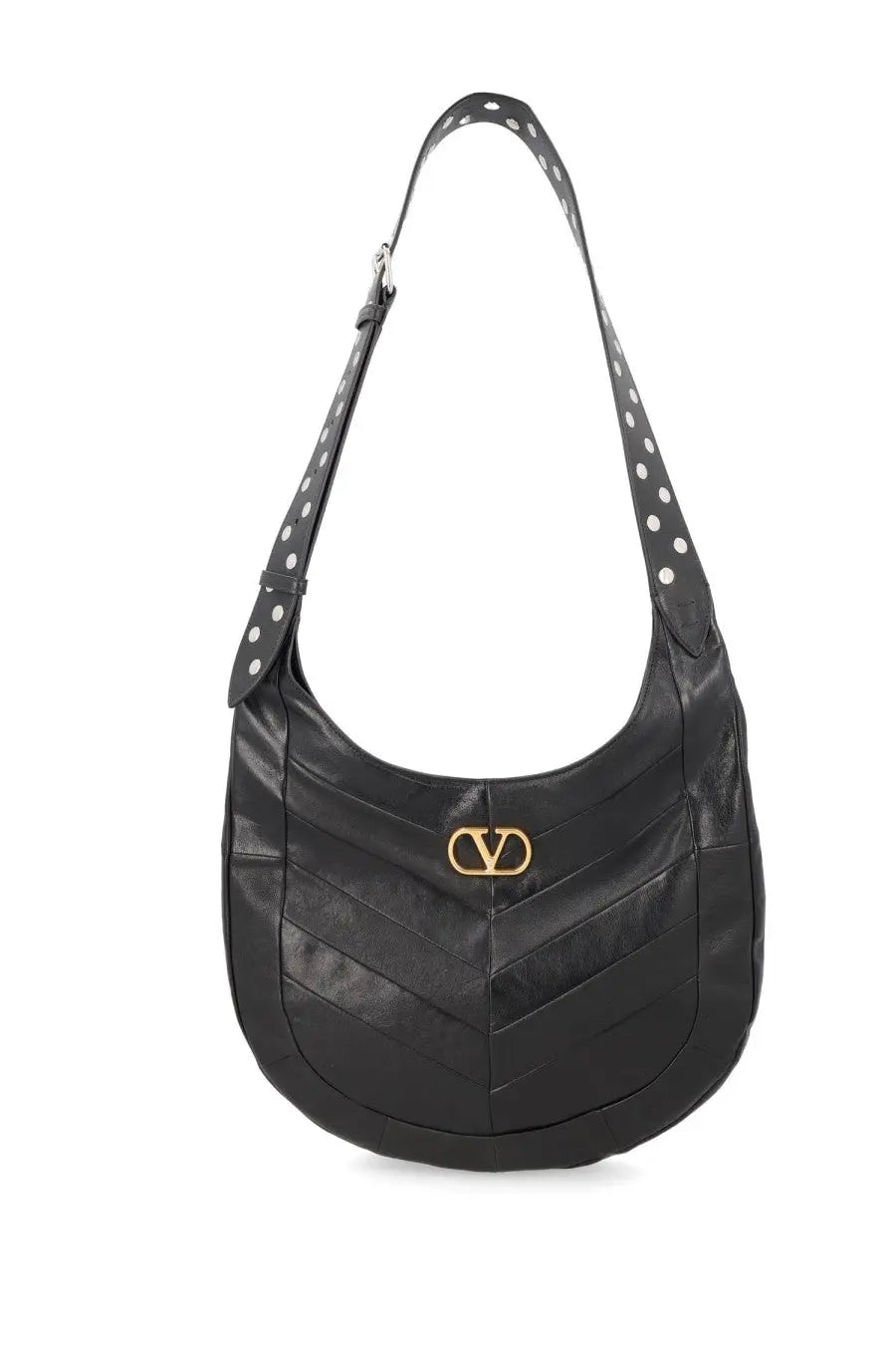 Valentino women’s hobo bag in black leather with gold-tone logo clasp and white polka dot strap detailing