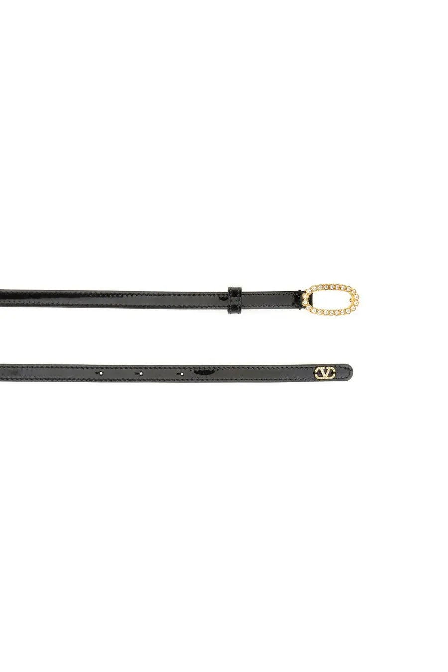 Valentino women’s black leather belt with gold-tone oval buckle adorned with sparkling stones and logo plaque