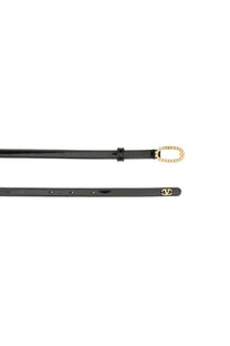 Valentino women’s black leather belt with gold-tone oval buckle adorned with sparkling stones and logo plaque