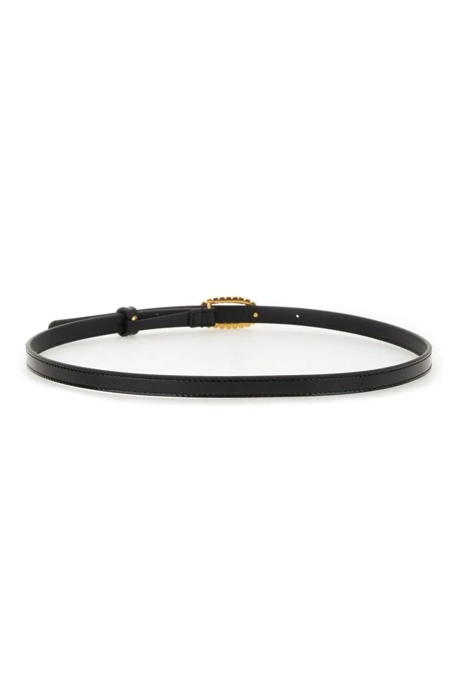 Valentino women’s black leather belt with gold-toned ornate buckle for stylish waist accessory