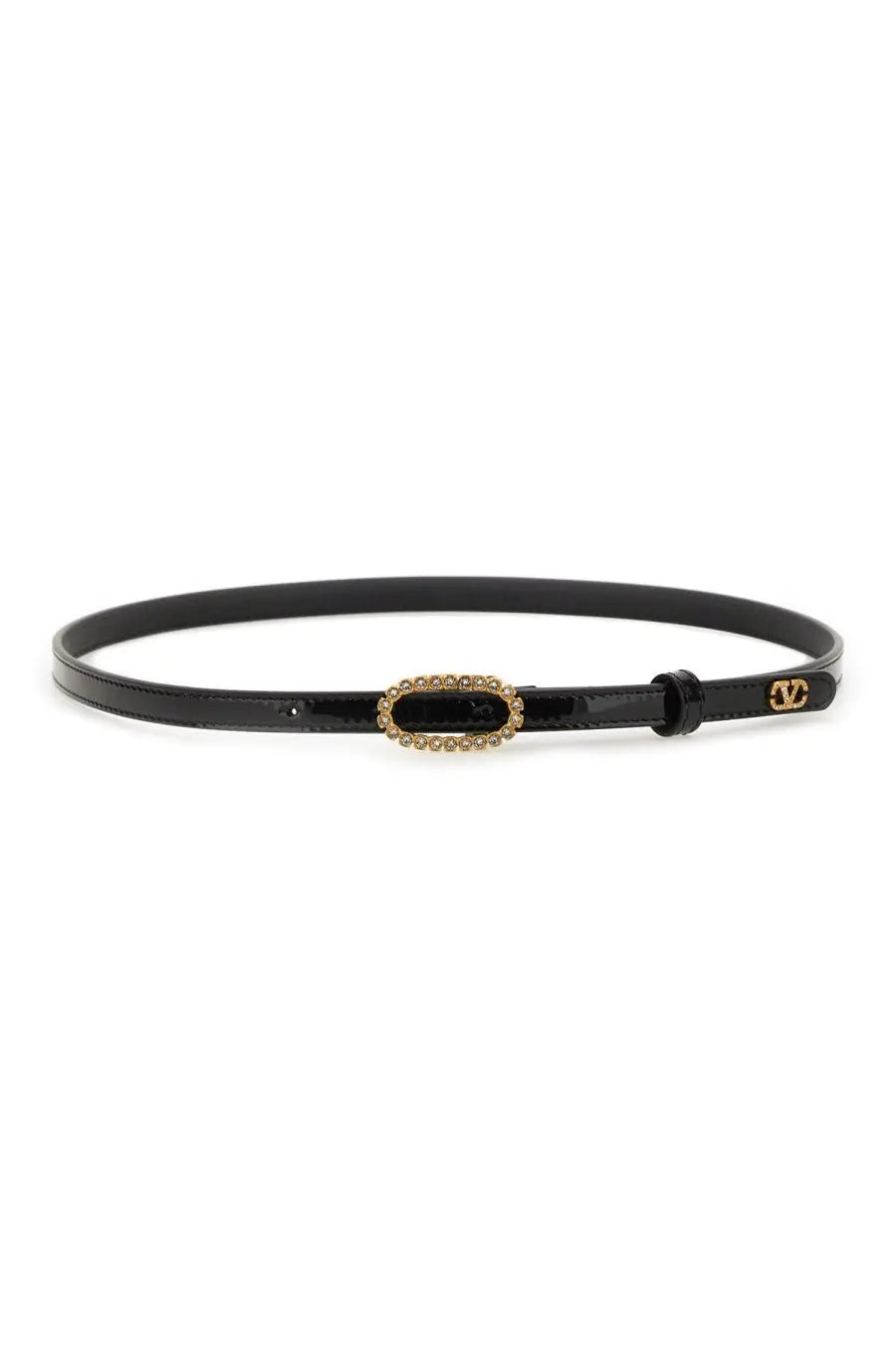 Valentino women’s black leather belt with gold-tone crystal oval buckle and matching brand logo on the tab