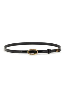 Valentino women’s black leather belt with gold-tone crystal oval buckle and matching brand logo on the tab