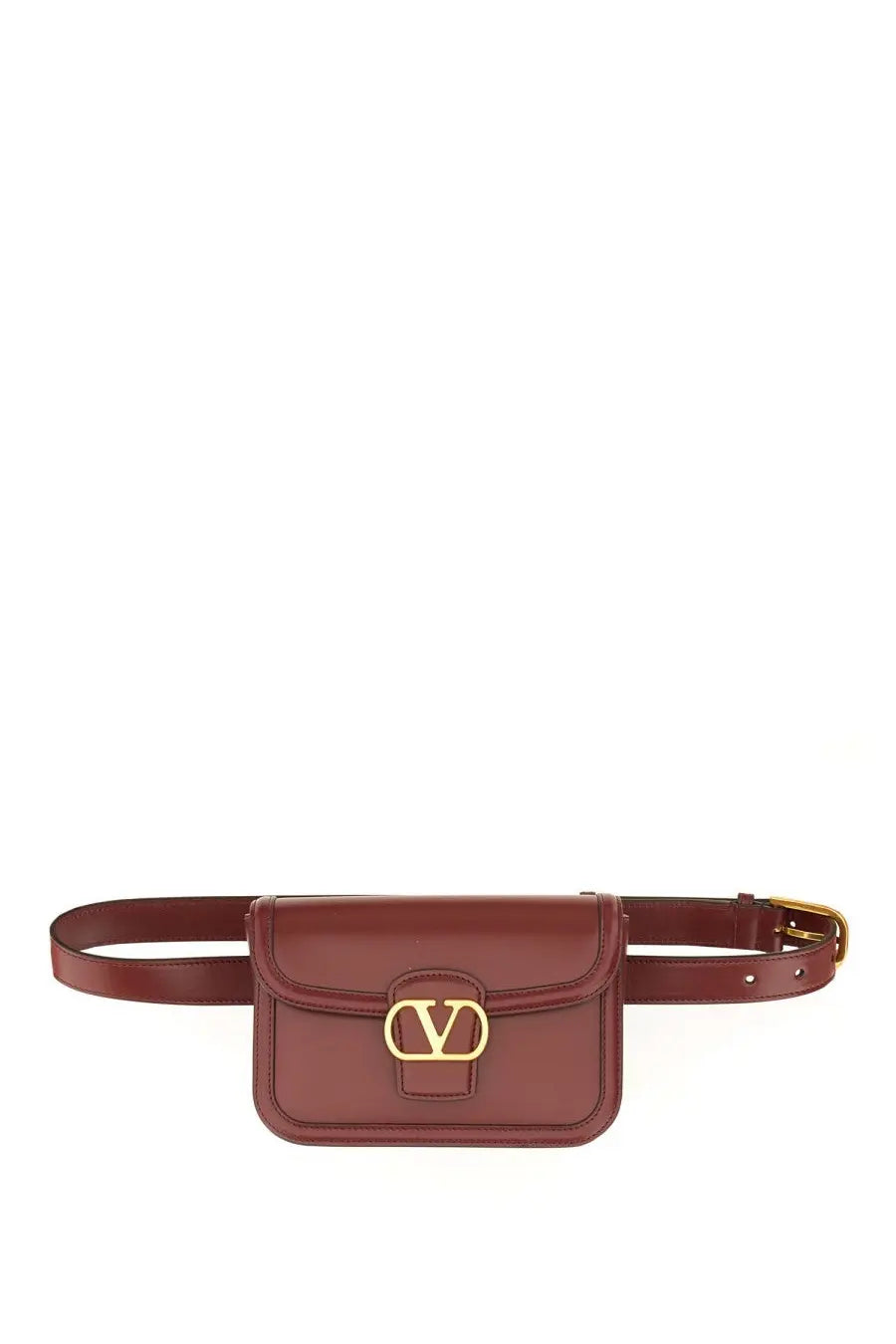 Valentino women’s leather pouch red in rich burgundy with gold-tone v-logo clasp belt bag design