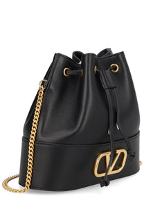 Valentino women’s mini bucket bag black leather with gold-tone rockstud chain strap and logo clasp