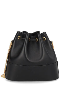 Valentino women’s mini bucket bag in black leather with gold-tone chain strap and drawstring closure