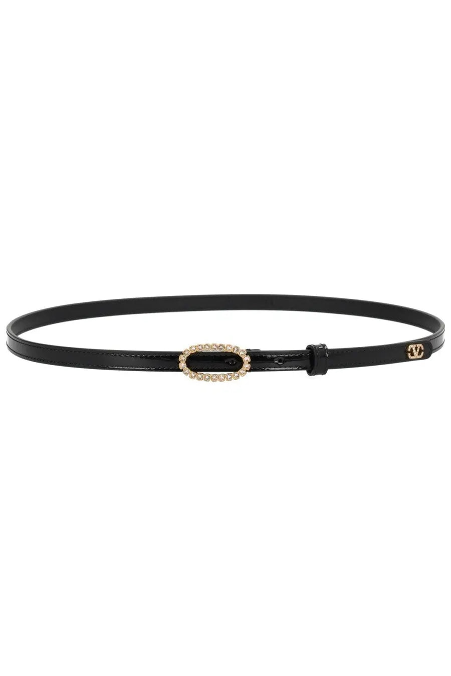 Valentino women’s black leather mini vlog signature belt with gold oval rhinestone buckle and chanel logo on side