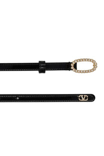 Valentino women’s mini vlogo signature belt in black patent leather with gold-tone crystal buckle and embossed logo end