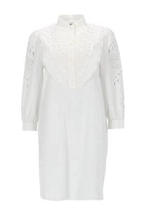 Valentino women’s white miniabito dress in popeline with white eyelet lace, long sleeves, and button-front collar