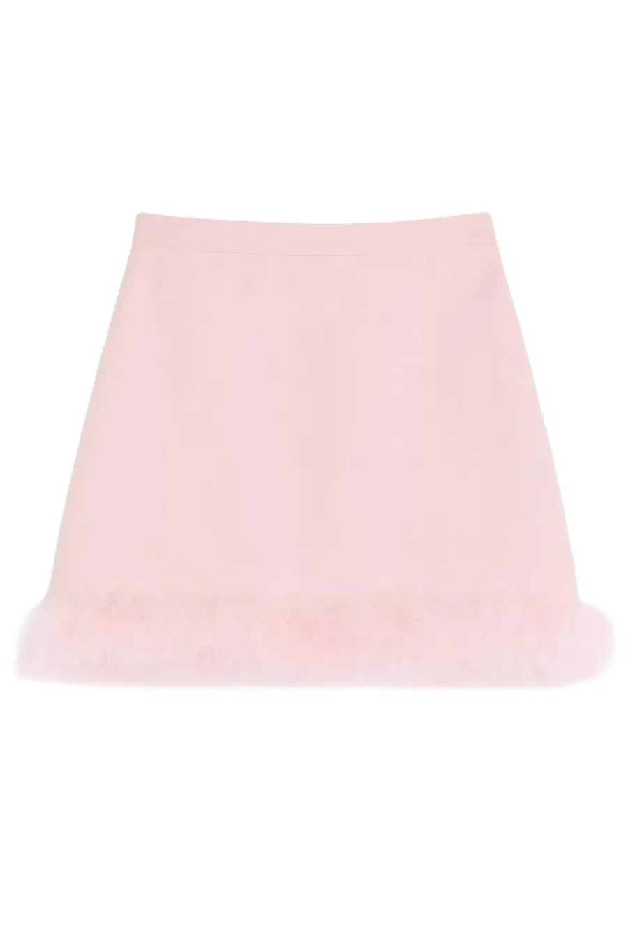 Valentino women’s soft pink mini skirt with plush fluffy hemline contrasting the blue product title