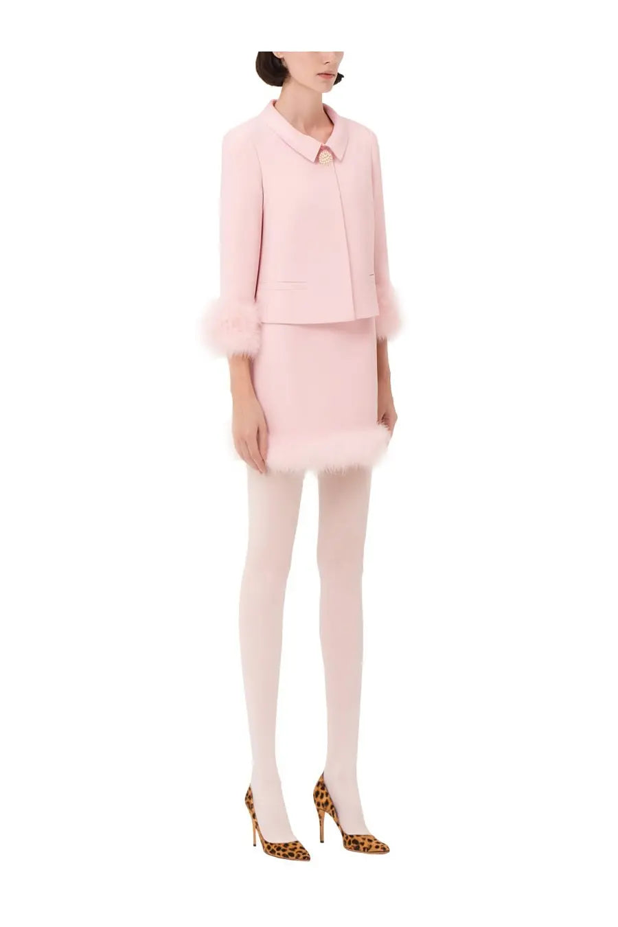 Valentino women’s miniskirt blue with soft pink wool blend coat featuring fluffy fur trim cuffs and hem