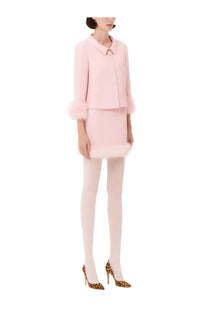 Valentino women’s miniskirt blue with soft pink wool blend coat featuring fluffy fur trim cuffs and hem