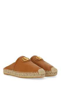 Valentino women’s tan leather espadrille mules with gold-tone vlogo logo and braided jute sole