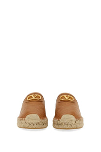 Tan leather espadrille mules with gold-tone Valentino logo medallions and woven jute soles for women beige