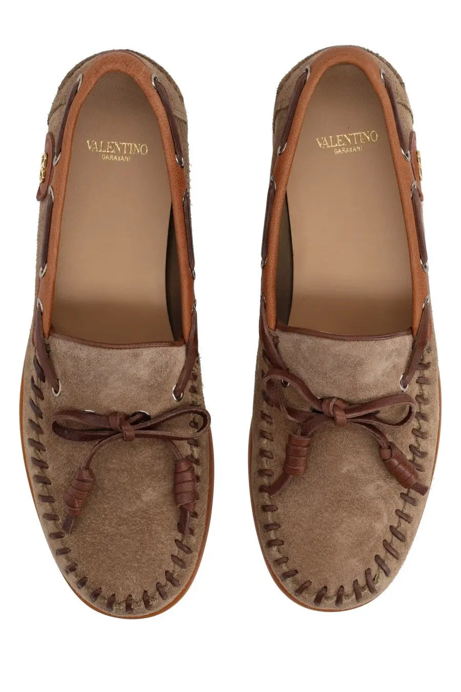 Brown suede and leather valentino women’s palm avenue loafer beige with braided detailing and tassel accents