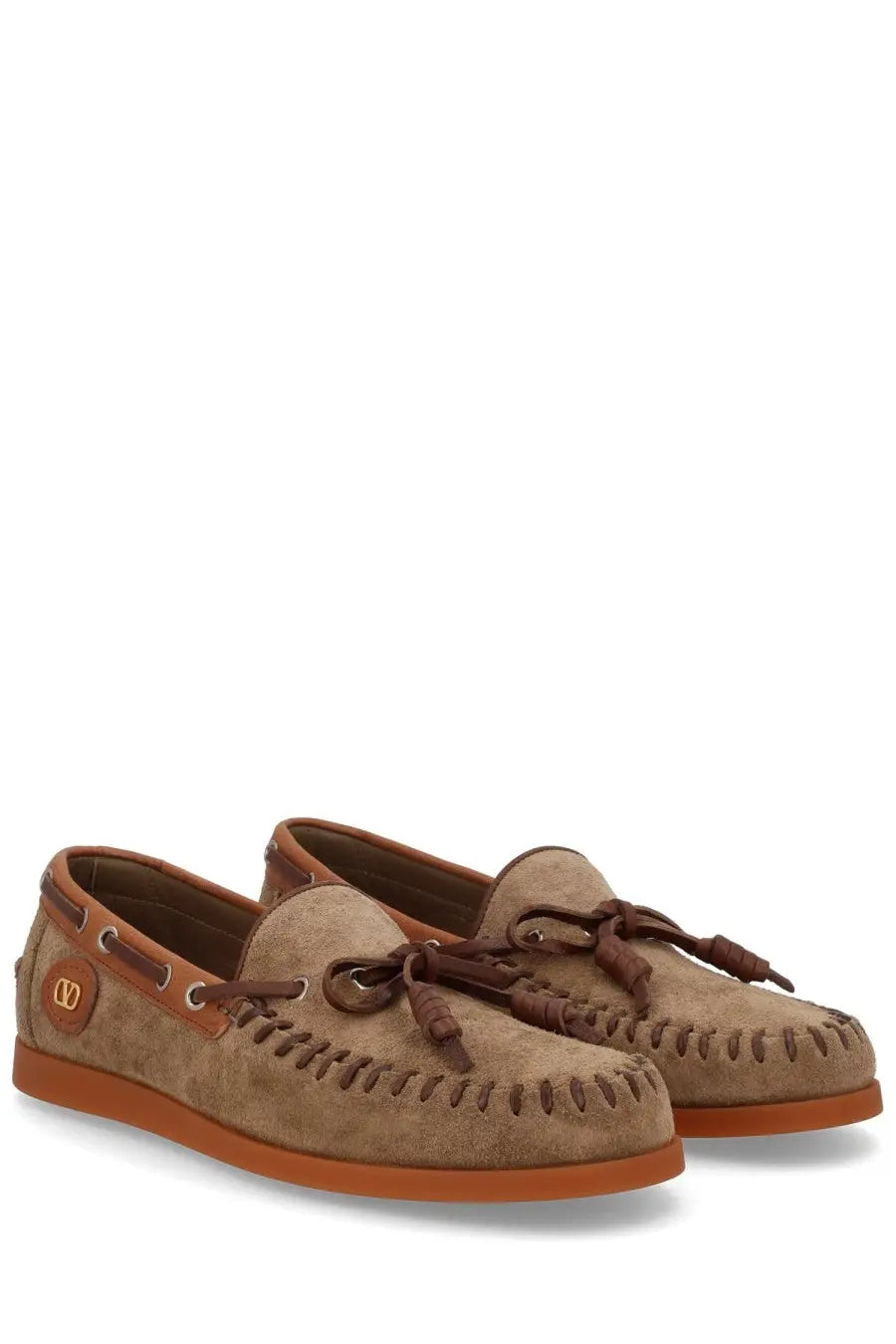 Valentino women’s palm avenue loafer beige tan suede with brown leather laces stitched toe and valentino logo side detail