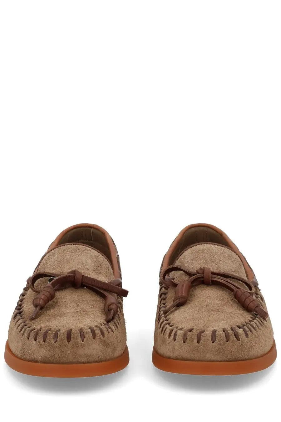 Valentino women’s palm avenue loafer beige tan suede moccasin with brown leather ties and stitching