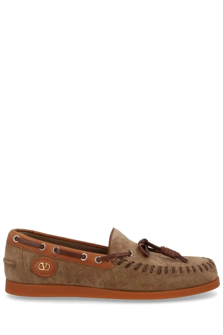 Valentino women palm avenue loafer beige tan suede slip-on moccasin with brown leather accents braided tassel and gold logo plaque