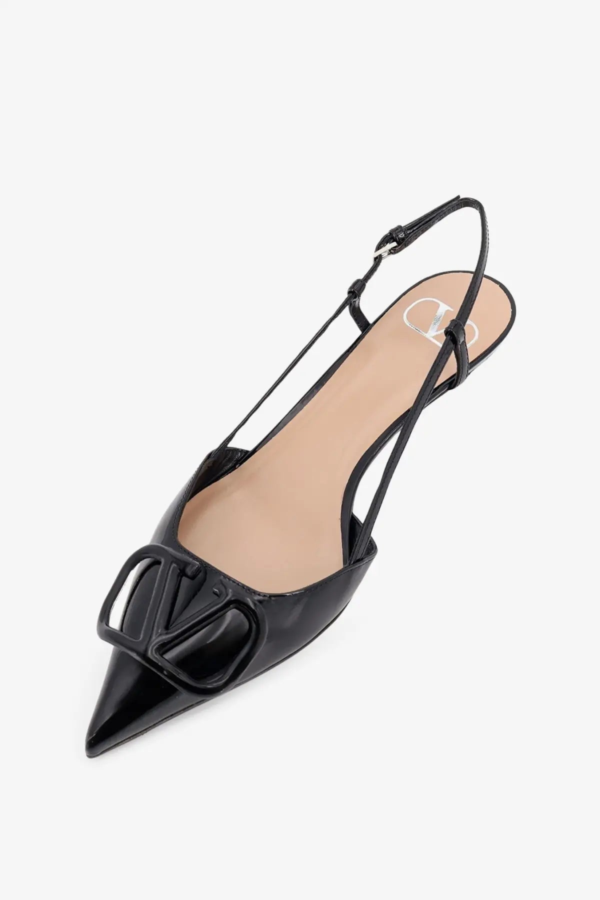 Valentino women’s black patent leather pumps with pointed toe and signature vlogo buckle slingback design