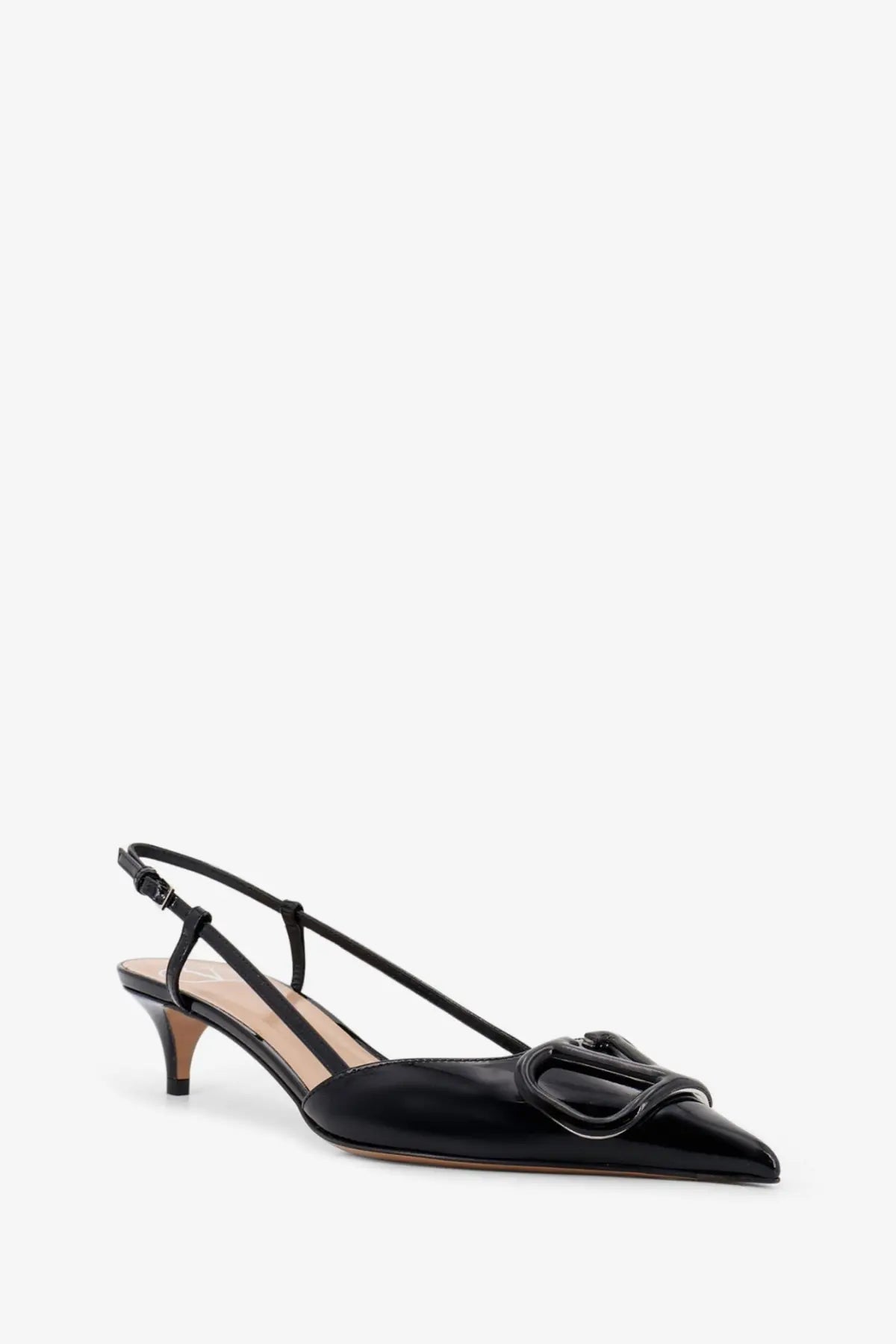 Black patent leather slingback pump with signature v-logo buckle by Valentino women’s patent leather pumps black