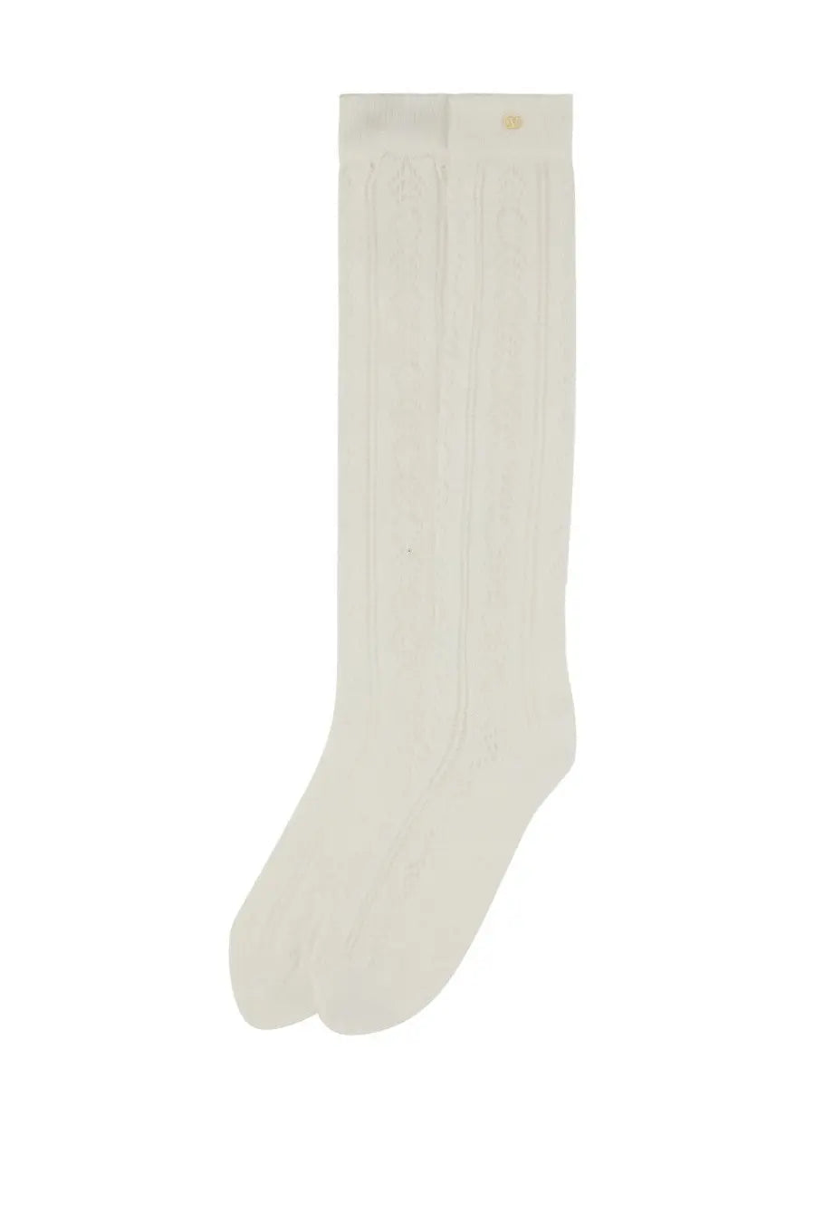 Valentino women’s perforated cotton knee-high sock in cream with subtle ribbed texture and small gold logo at top