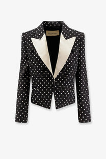 Black Valentino women’s viscose blazer with white polka dots and cream satin contrasting lapel front view