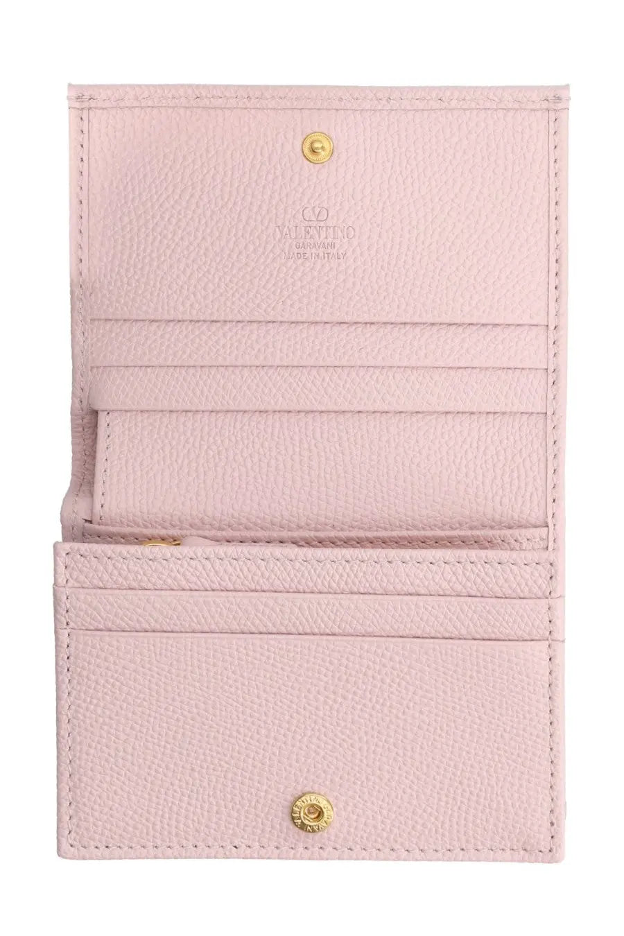 A delicate pink leather valentino women’s portafoglio cherryfic con blue wallet with gold hardware and embossed logo